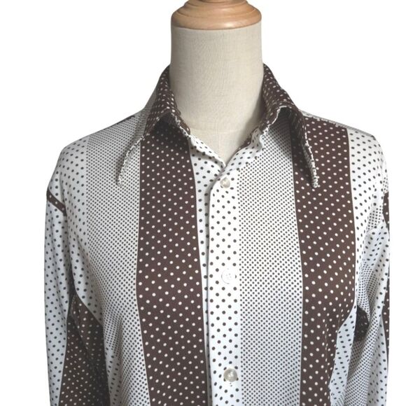 Lew Magram Vintagr Men's Disco Polka Dot Striped Shirt - Brown and White - Picture 2 of 6